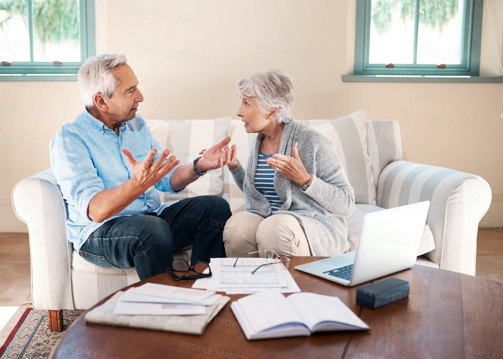 Buy stock photo Fighting, old couple and laptop for finance, conflict and argument with gambling debt. Angry, pc and documents with man, woman and home loan with inflation, bankruptcy and frustrated with expenses