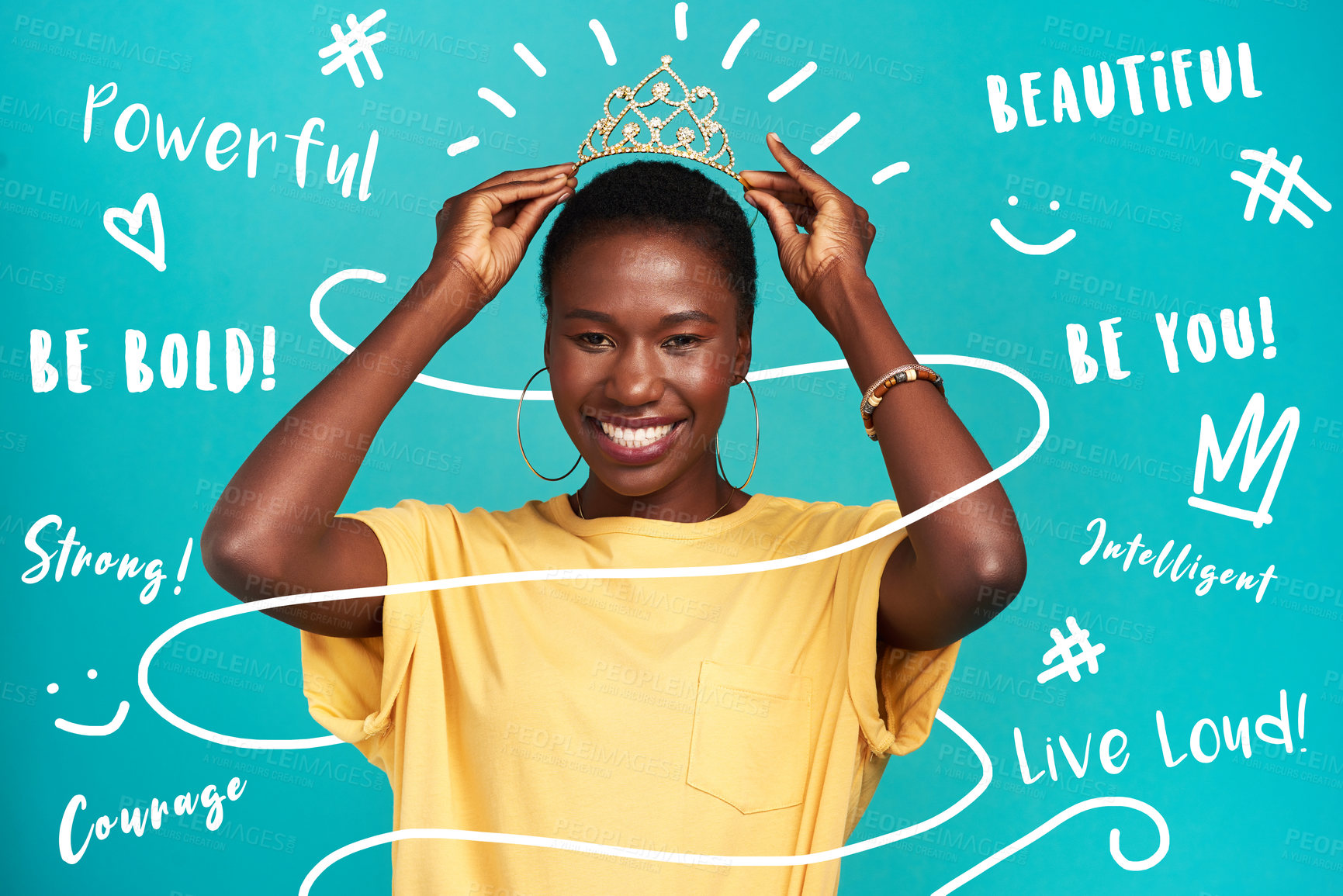 Buy stock photo Studio shot of a young woman putting a crown her head against a turquoise background