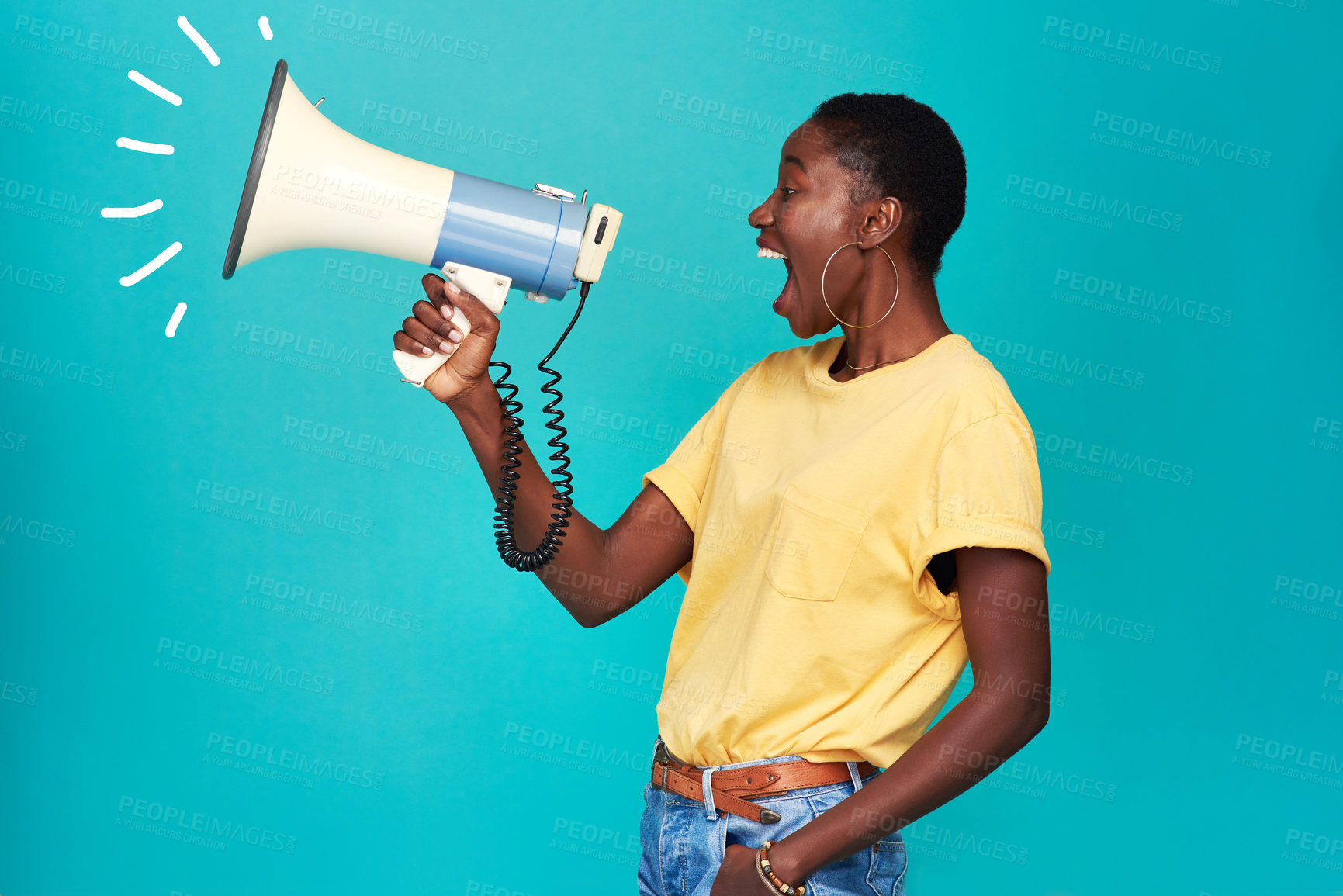 Buy stock photo Studio shot of a young woman using a megaphone against a turquoise background