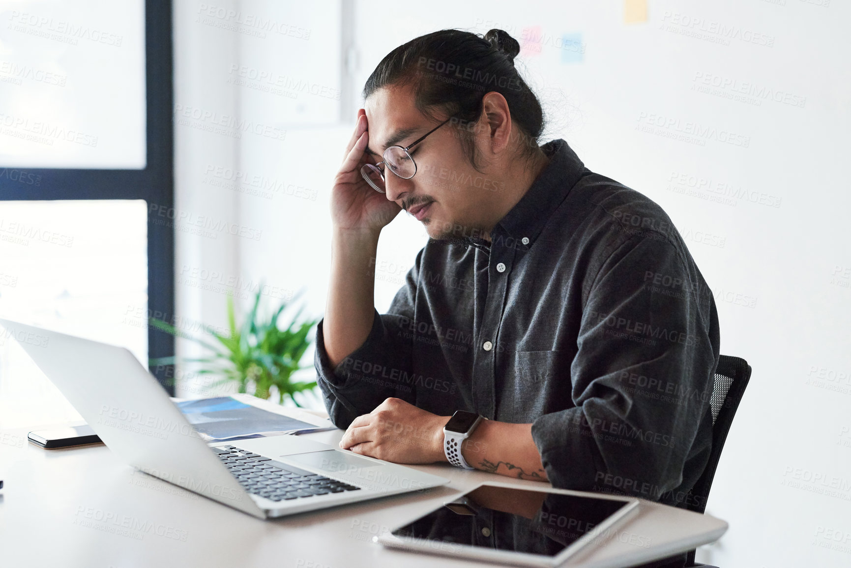 Buy stock photo Asian man, headache and laptop fail in office, stress and 404 error or burnout for bankruptcy crisis. Male person, glasses and frustrated for proposal or project, depression and migraine for anxiety