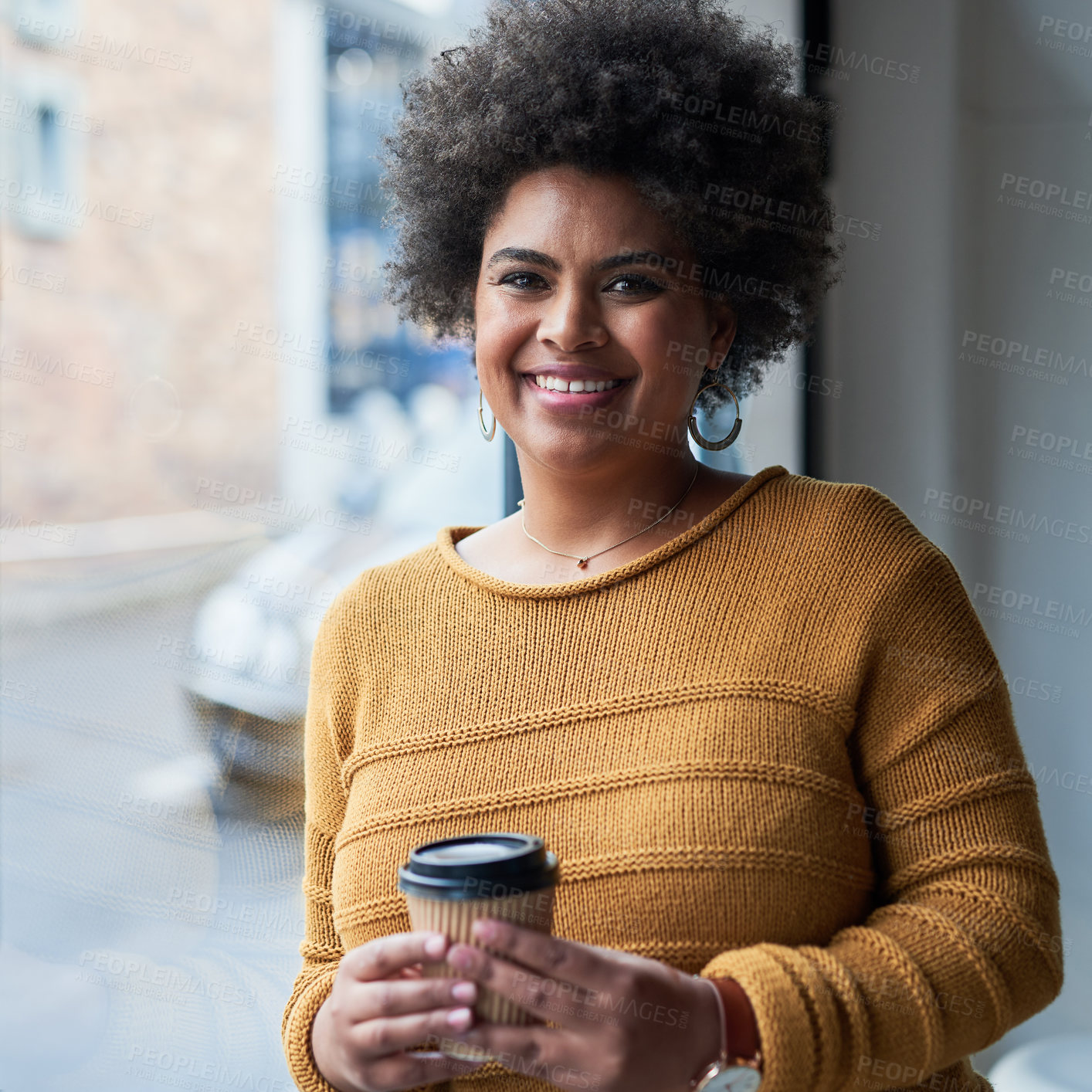 Buy stock photo Black woman, portrait and coffee by window for professional employee, pride and career experience in office. Event planner, face and latte for time management, creativity and planning in workplace