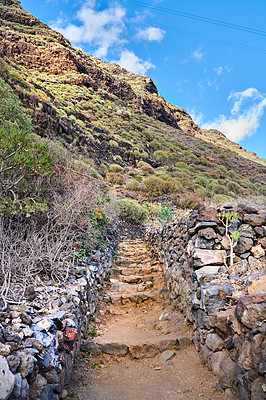 Buy stock photo Mountain trails on La Palma, the west coast, Canary Island, Spain, Aerial view