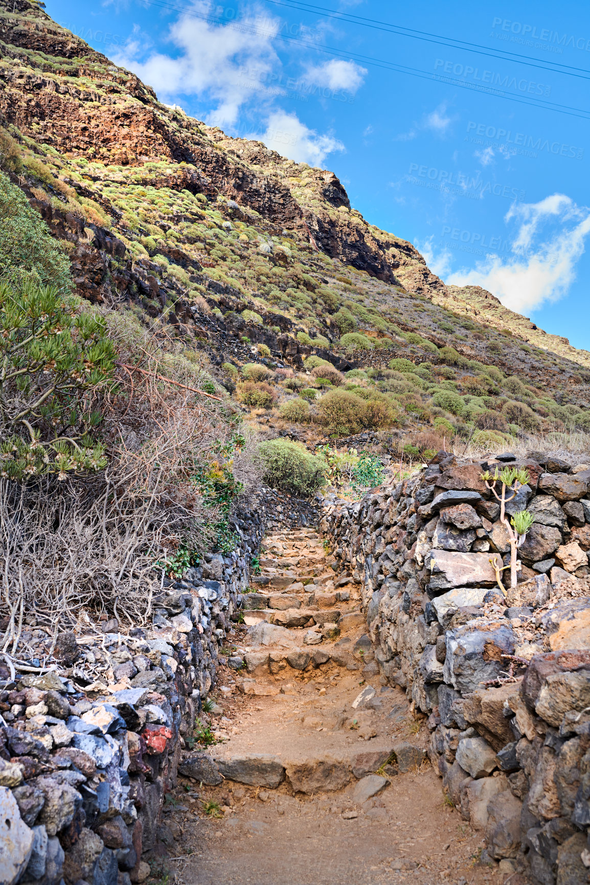 Buy stock photo Mountain trails on La Palma, the west coast, Canary Island, Spain, Aerial view