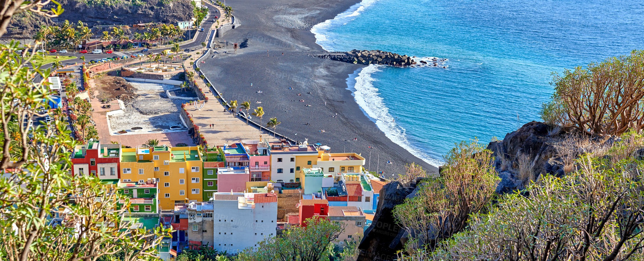 Buy stock photo Banner, mountain or city with beach coast, colorful buildings or natural scenery in nature. Above, shoreline or peak by sea with architecture, trees or water of scenic view, ocean or small urban town