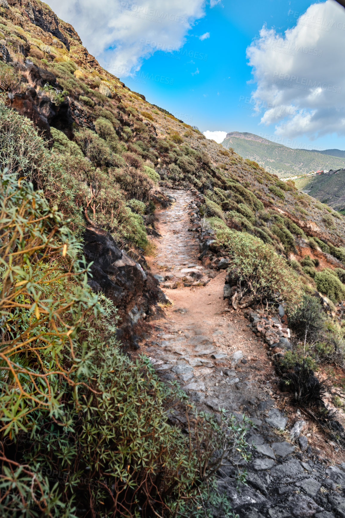 Buy stock photo Mountain trails on La Palma, the west coast, Canary Island, Spain, Aerial view