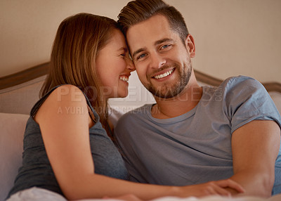 Buy stock photo Happy, hug and portrait of couple on bed for bonding, loving relationship and relax in home for commitment. Marriage, love and man and woman in bedroom embrace, cuddle and rest on weekend morning
