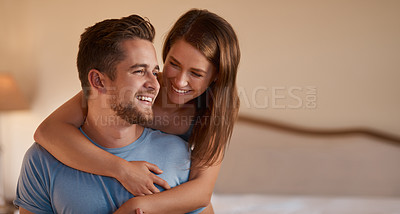 Buy stock photo Love, happy and couple hug in bedroom for bonding, loving relationship and relax together in home. Marriage, weekend and man and woman on bed smile, embrace and affectionate for commitment and trust