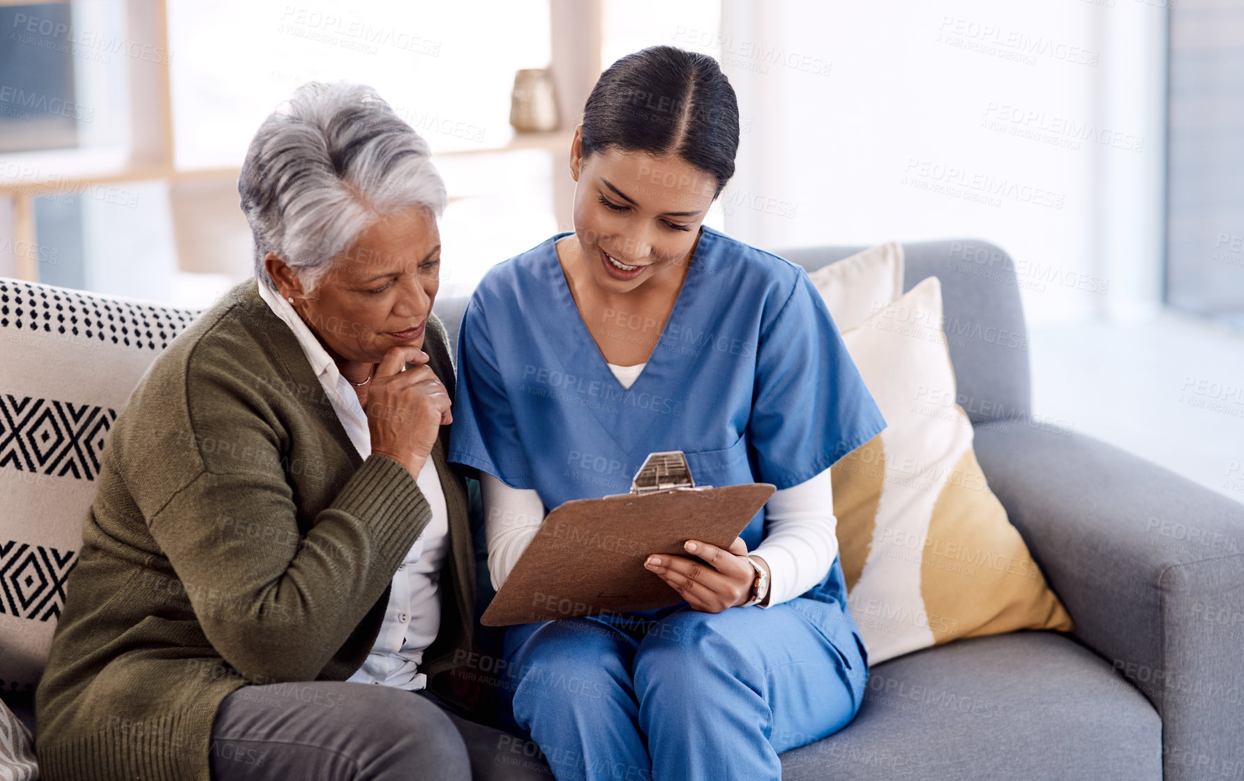 Buy stock photo Healthcare, documents and a nurse talking to an old woman patient in a nursing home for treatment. Medical, retirement and insurance with a female medicine professional speaking to mature client