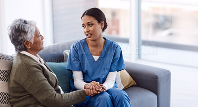 Buy stock photo Old woman, holding hands or consulting a nurse for support or empathy for healthcare help for cancer therapy. Talking, psychology or elderly sick patient in counseling with caregiver in consultation