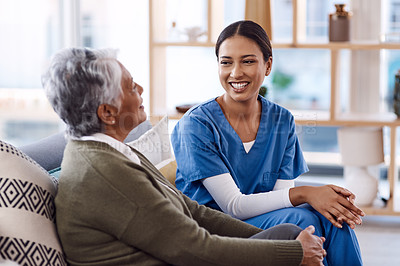 Buy stock photo Healthcare, happy and a nurse talking to an old woman in a nursing home during a visit or checkup. Medical, smile and a female medicine professional having a conversation with a senior resident