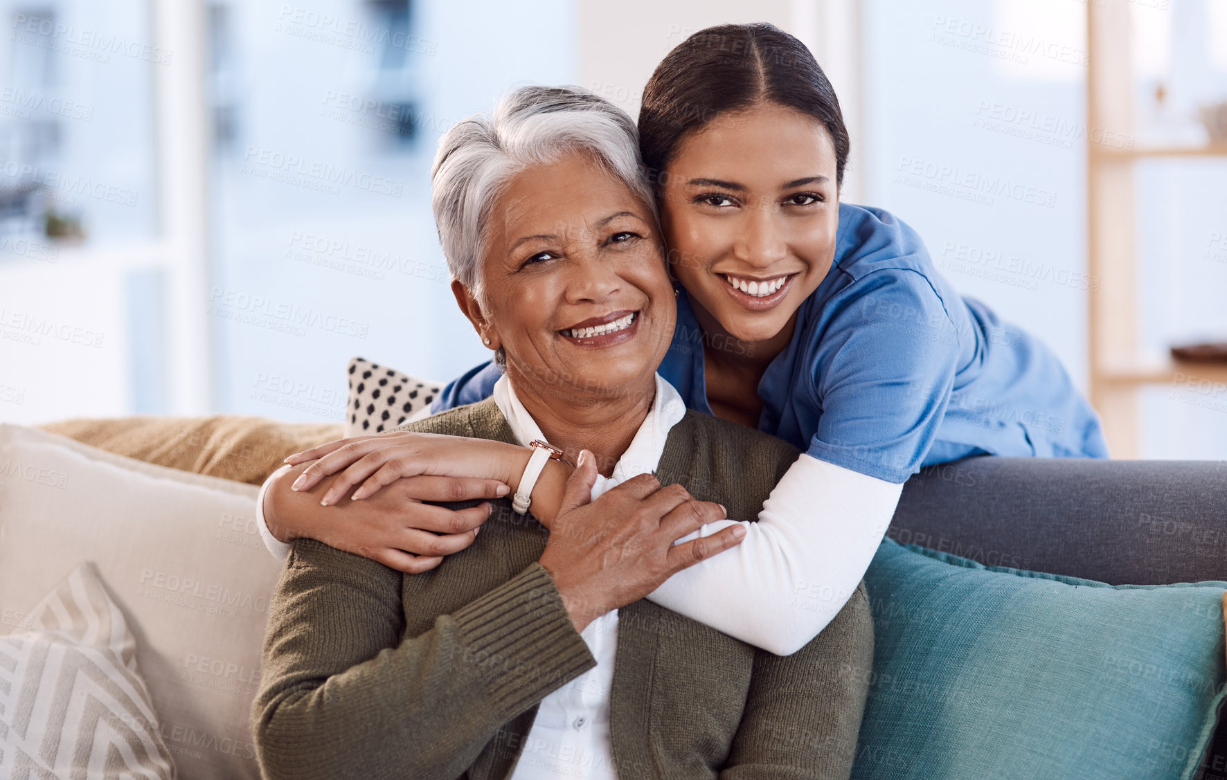 Buy stock photo Portrait, smile and nurse hug old woman in retirement house, bonding and medical care. Face, hugging and elderly person with caregiver in nursing home on living room sofa for health, support or help.