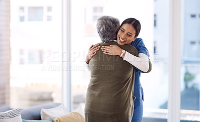 Buy stock photo Hug, nurse and senior woman with a smile, service and healthcare with cure, happiness and help. Female person, medical professional or employee with a patient, embrace and care with support and happy