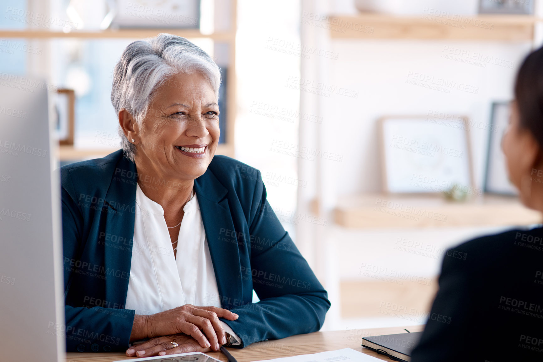 Buy stock photo Meeting, laughing or senior manager in job interview with businesswoman talking in b2b negotiation. Happy smile, recruitment or funny person speaking to hr management for hiring opportunity in office