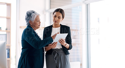 Buy stock photo Teamwork, mentor and business women with tablet for discussion, cooperation and planning. Technology, collaboration and senior manager with female analyst for strategy, training and coaching mockup.
