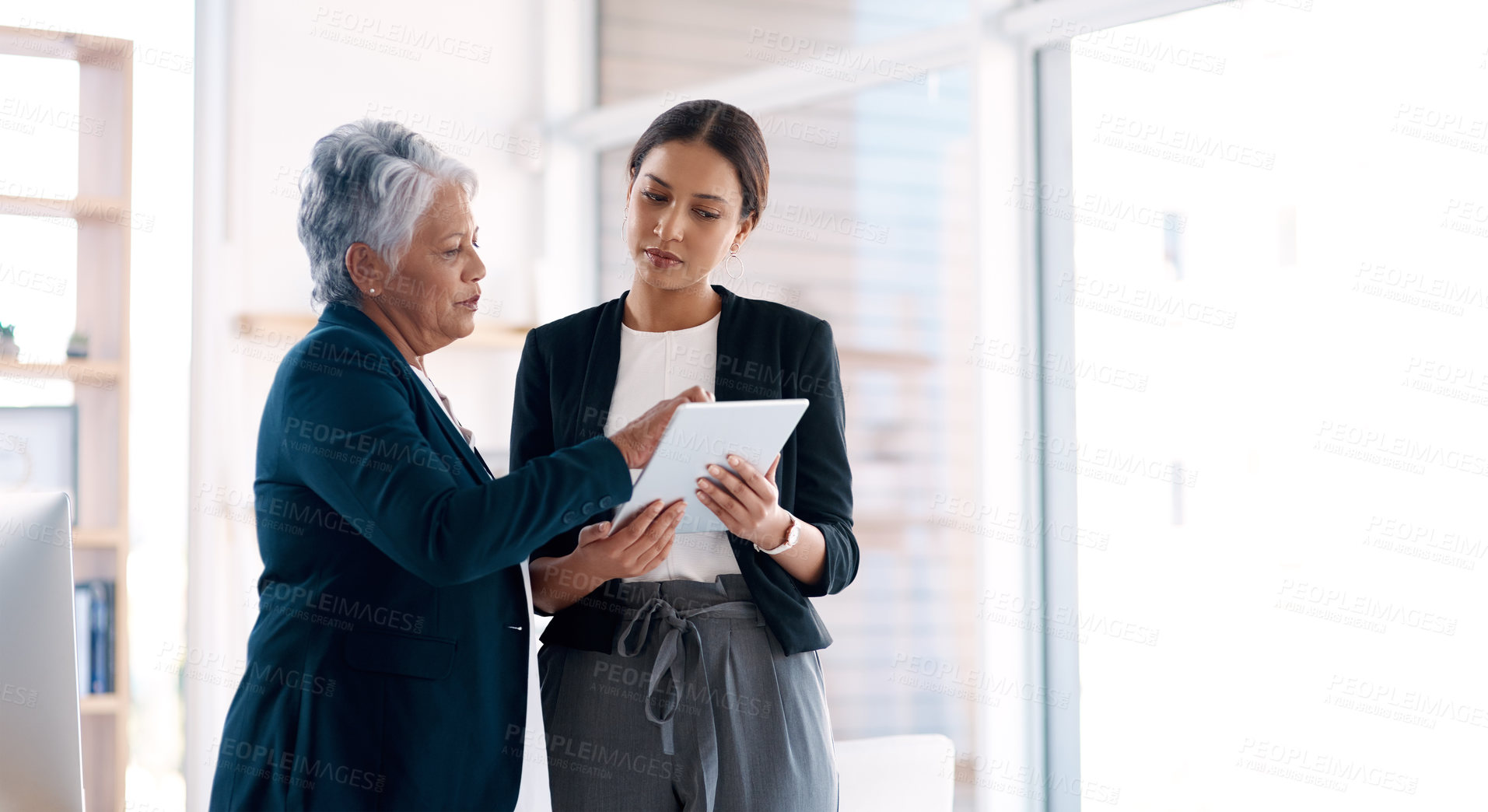 Buy stock photo Teamwork, mentor and business women with tablet for discussion, cooperation and planning. Technology, collaboration and senior manager with female analyst for strategy, training and coaching mockup.