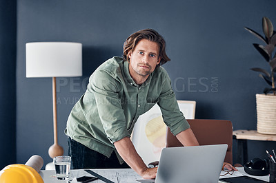 Buy stock photo Businessman, architect and portrait with laptop in office for remodeling ideas and building design research. Engineering, employee and person with technology, serious or online for project management