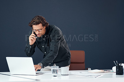 Buy stock photo Architecture, phone call and man with laptop, conversation and research for creative ideas in building development. Networking, smartphone and architect on computer, paperwork or consulting in office