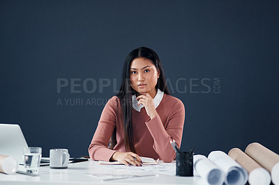 Buy stock photo Architecture, portrait and Asian woman with laptop, blueprint and confidence in creative ideas in building development. Planning, internet and architect with computer, paperwork and girl in office