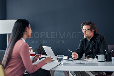 Buy stock photo Teamwork, architecture and discussion with laptop in office for for planning, remodeling project and building ideas. Engineering, people and writing notes for research feedback or renovation strategy