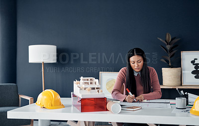Buy stock photo Architect, woman and drawing on blueprint with planning for business layout, floor plan and remodeling project. Engineering, employee and paperwork for real estate development or renovation in office