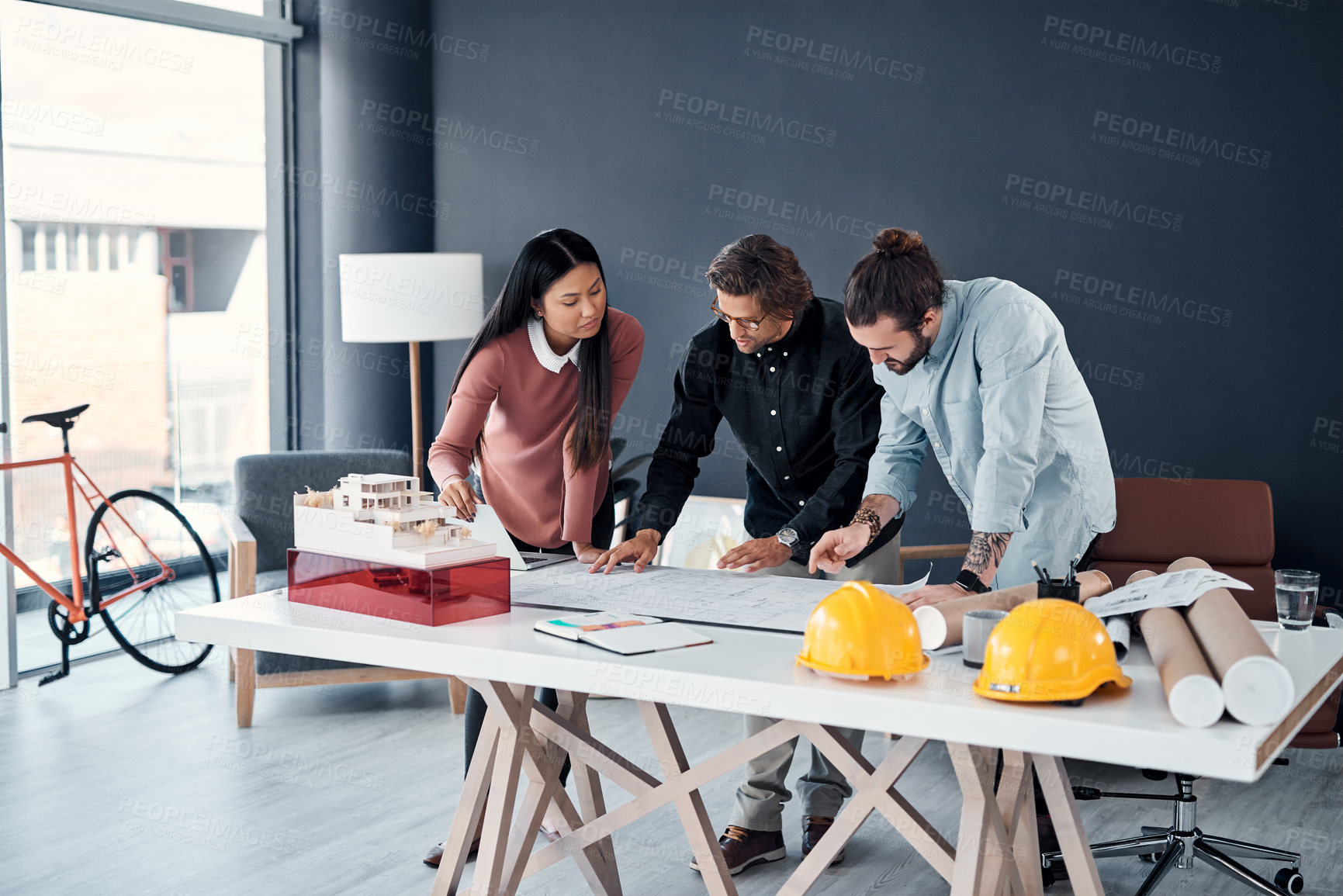 Buy stock photo Architecture, teamwork and blueprint with planning in office for design layout, floor plan or remodeling project. Engineering, collaboration and paperwork for real estate development and renovation