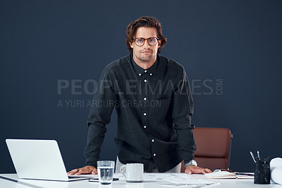 Buy stock photo Portrait, serious and business man, architect and professional in office mockup. Glasses, engineer and confident face of male person from Australia with success mindset, pride for career or job.