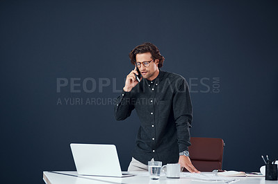 Buy stock photo Architecture, phone call and man with laptop, blueprint or negotiation for creative ideas in building development. Networking, smartphone and architect on computer, paperwork and consulting in office