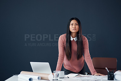 Buy stock photo Architecture, portrait and Asian woman with confidence, laptop and blueprint for ideas in building development. Pride, planning and female architect with computer, paperwork and creative in office