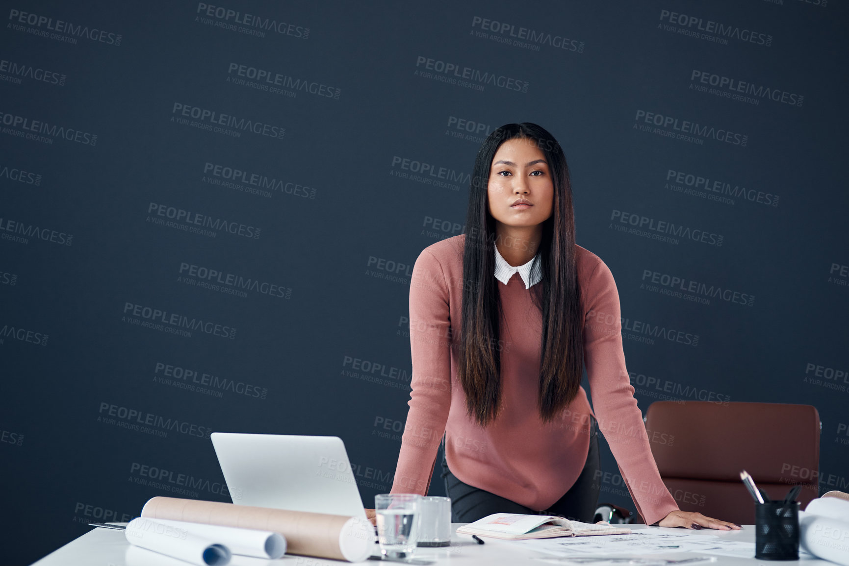 Buy stock photo Architecture, portrait and Asian woman with confidence, laptop and blueprint for ideas in building development. Pride, planning and female architect with computer, paperwork and creative in office