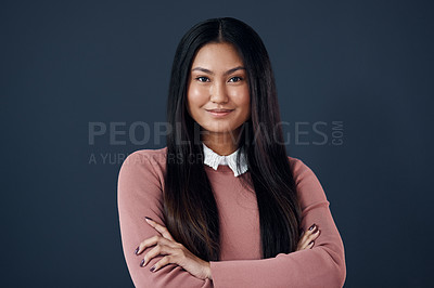 Buy stock photo Smile, portrait of Korean woman with arms crossed and on a dark background. Empowerment or confident, professional corporate worker and pose with happy young businesswoman in a studio backdrop.