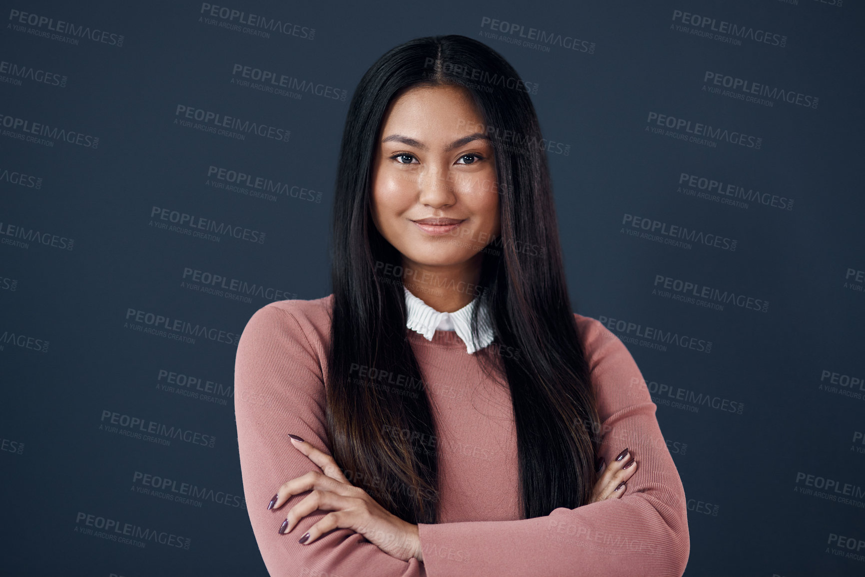 Buy stock photo Smile, portrait of Korean woman with arms crossed and on a dark background. Empowerment or confident, professional corporate worker and pose with happy young businesswoman in a studio backdrop.