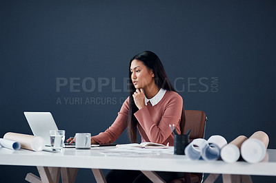 Buy stock photo Architecture, research and Asian woman with laptop, blueprint and insight for creative ideas in office. Thinking, internet and architect with computer, paperwork and building development inspiration.