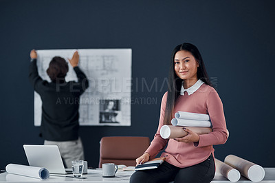Buy stock photo Architect, woman and smile in portrait with roll of sketch paper, documents and design project. Person, happy and Asian property developer with blueprint for construction, building or job in Jakarta