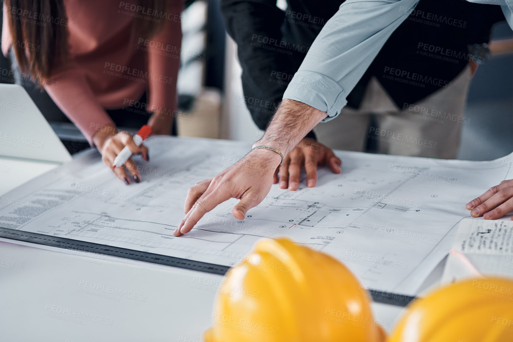 Buy stock photo Engineering, collaboration or hands with blueprint in office for creative, innovation or design decision. Construction, floor plan or architect team with documents for building, project or compliance