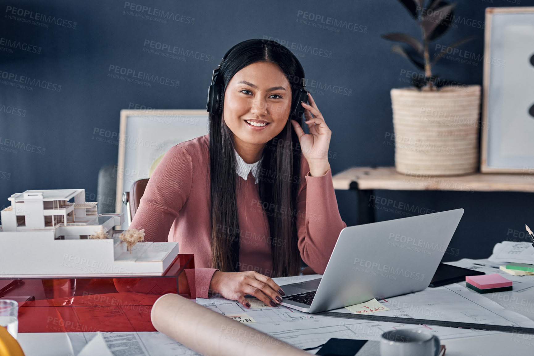 Buy stock photo Headphones, laptop and portrait of architect woman in office streaming radio podcast. Face, music and Asian female designer listening to audio, sound or happy song, web browsing or social media on pc