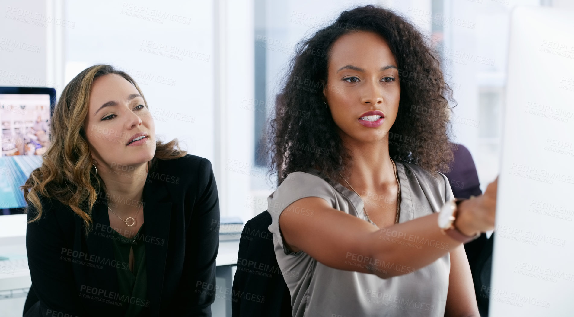 Buy stock photo Business women, proposal and feedback on computer for event planning, project advice and reservation for venue. Teamwork, manager and help for discussion, website research or online booking schedule