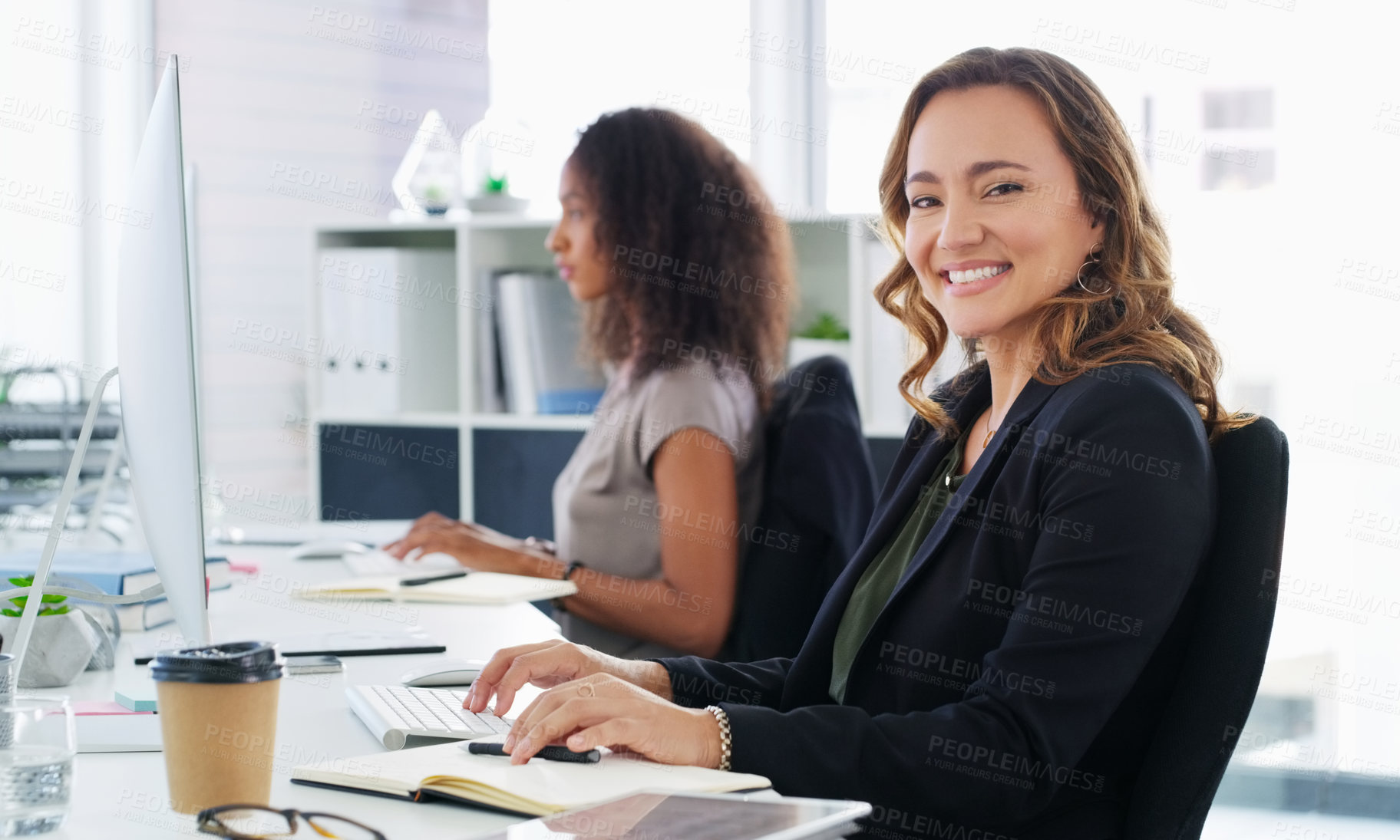 Buy stock photo Shot of a group of young businesswomen using their computers in a modern office