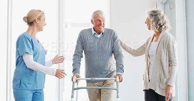 Buy stock photo Caregiver, walking and old man with walker, support and senior couple with love and elderly patient with disability. Clinic, nurse and grandpa with wife, wellness and compassion for healthcare 