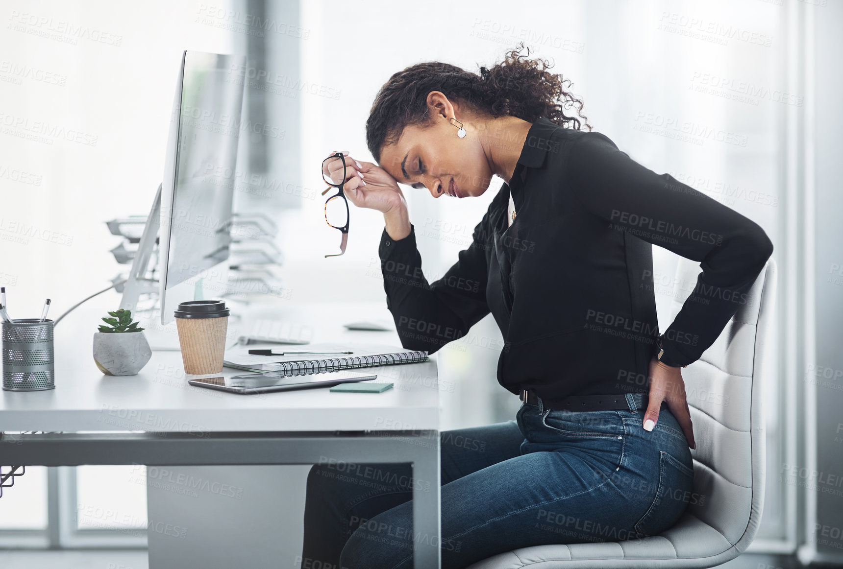 Buy stock photo Business, back pain and woman at desk, burnout and stress with deadline, muscle tension and pressure. Person, employee or consultant with medical emergency, ergonomic injury, office or health problem