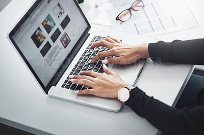 Buy stock photo Hands, computer and typing at desk for remote work, research and magazine editing. Woman, journalist and laptop screen in home office for article, news update and language translation for information