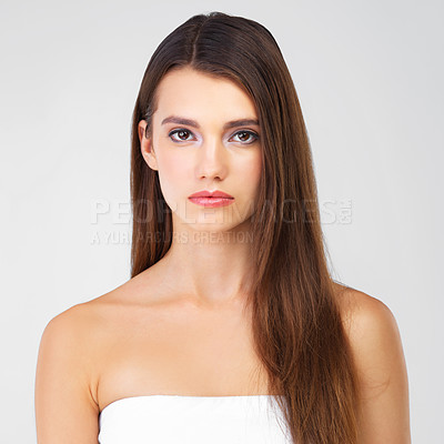 Buy stock photo Beauty, skincare and hair, portrait of woman in studio isolated on white background salon cosmetics. Serious face of beautiful model from Portugal, spa facial and treatment for fresh, clean skin glow