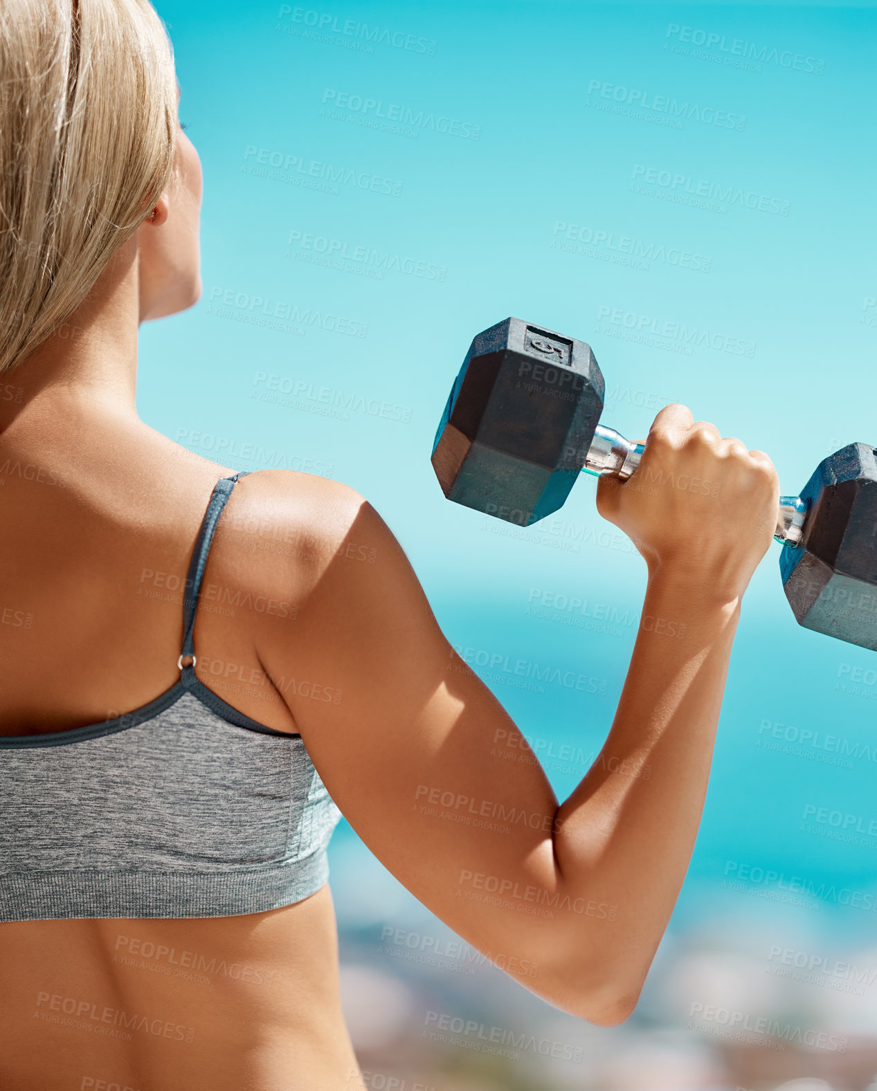 Buy stock photo Fitness, strong and dumbbells with back of woman in nature for training, muscle connection and workout. Personal trainer, health and sports with person and exercise for energy, wellness and weights