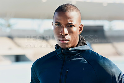 Buy stock photo Portrait, black man and athlete at race track for sports, wellness or exercise for body health in Kenya. Face, serious person and runner at stadium for fitness, workout or training outdoor in Africa