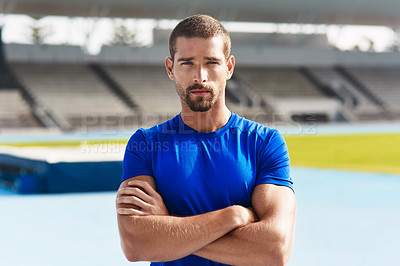 Buy stock photo Portrait, confident man and athlete at stadium for fitness, wellness or exercise for body health in Italy. Face, serious runner or race track for sport, workout or training with arms crossed outdoor
