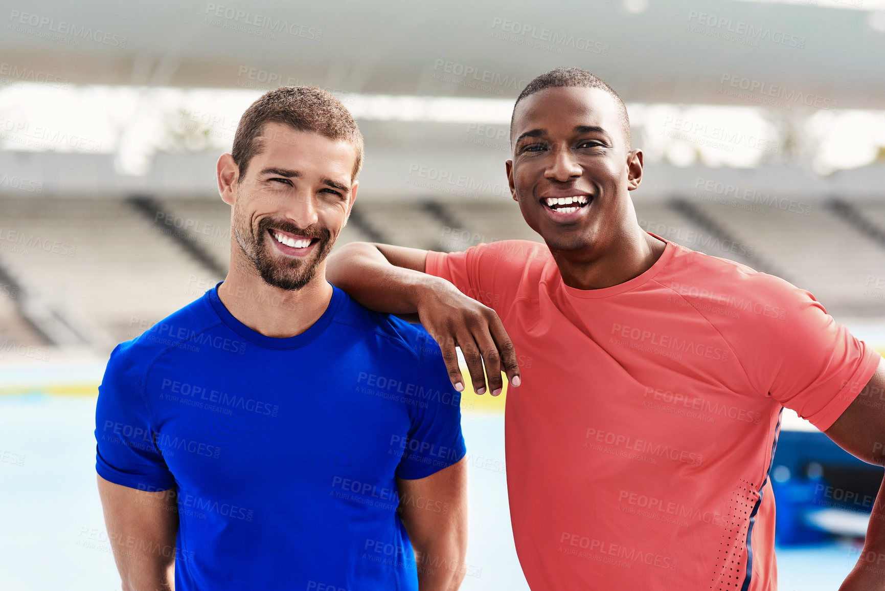Buy stock photo Athlete, smile and portrait in stadium for sport, wellness and fitness for game challenge, workout and exercise. Diversity, men and confident for happy player, athletic goal and  training in arena   