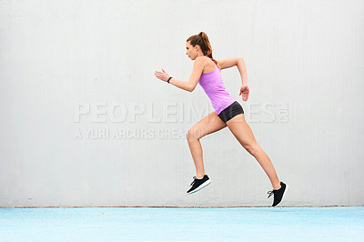Buy stock photo Woman, fitness and running on mockup for workout, cardio training or healthy exercise outdoors. Fit, active and sporty female person or runner exercising for health and wellness on wall mock up space