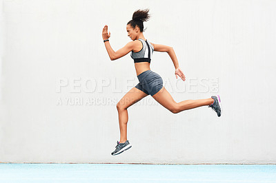 Buy stock photo Woman, fitness and running on mockup of athlete in cardio training, workout or healthy exercise. Fit, active or sporty female person or runner exercising for health and wellness on wall mock up space
