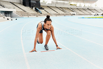 Buy stock photo Runner, exercise and start for female athlete in set, track and   fitness for sports competition. Race, kneel position and field cardio event for woman person, workout and sprint for run training