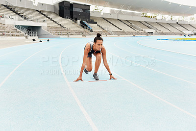 Buy stock photo Runner, start and woman athlete for fitness on track, outdoor and exercise for sports competition. Race, stadium and field and racetrack cardio for person, workout and sprint or running training