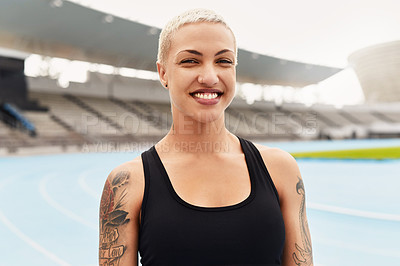 Buy stock photo Female athlete, portrait and track field with smile for training, exercise and running. Woman, happy and stadium with confidence for workout, health and fitness with future athletic or sports event